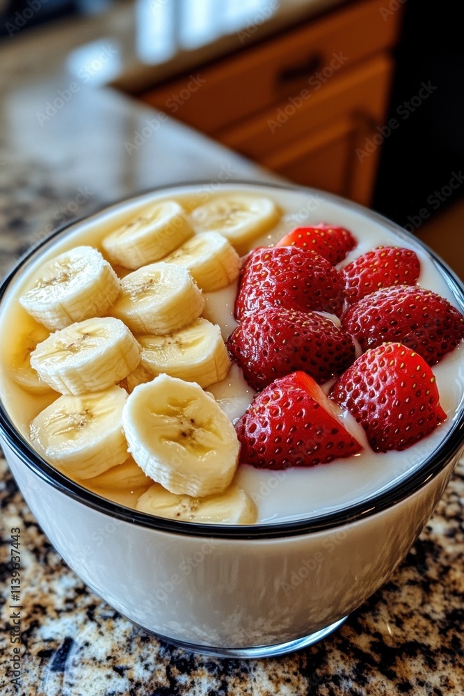 Bowl of Yogurt with Strawberries and Bananas Bowl of Yogurt with Strawberries and Bananas