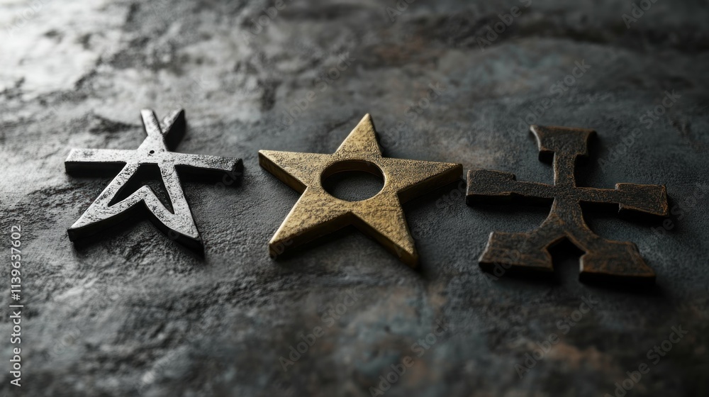 Three distinct metallic symbols arranged on a textured surface. Three distinct metallic symbols arranged on a textured surface.