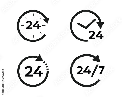 Set of 24 hours service vectorl. 24h service duration sign. 24 h discount offer. same day delivery line icon set. fast 24hr support sign collection.