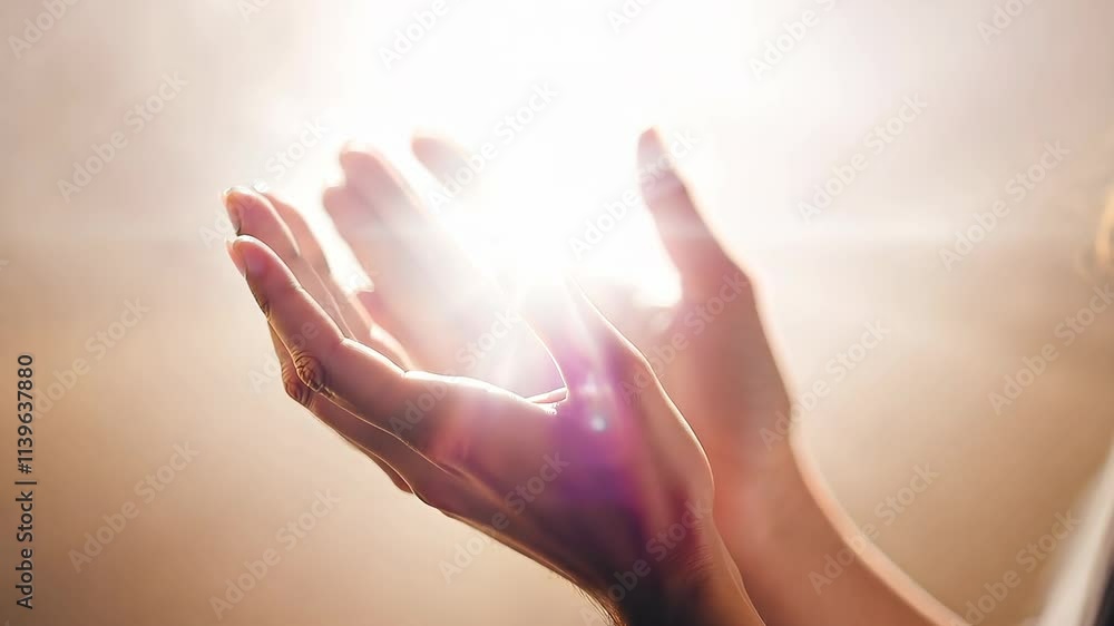 A woman's hands are raised in a prayerful gesture. Concept of peace and spirituality, as the woman's hands are open and reaching towards the sky
