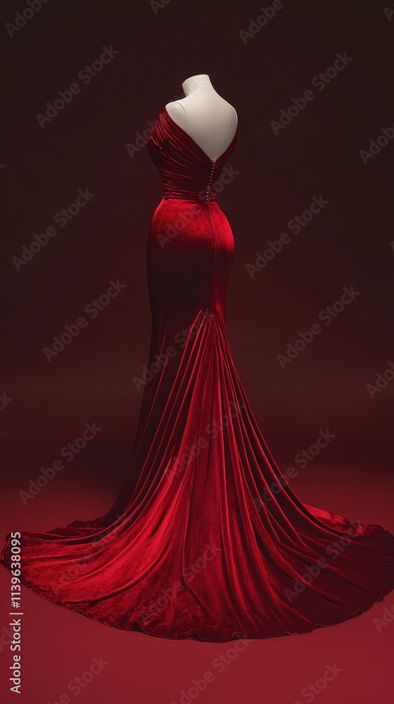 A stunning evening dress in deep red velvet, with a flowing silhouette and elegant train, set against a minimalist backdrop to showcase its luxurious fabric. A stunning evening dress in deep red velvet, with a flowing silhouette and elegant train, set against a minimalist backdrop to showcase its luxurious fabric.