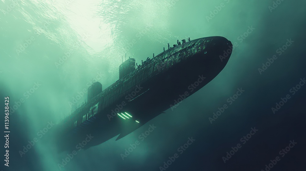 Fototapeta premium The submarine is made of high-strength steel very large, overall black metal, with a metallic gloss surface, Deep in the ocean, light shines through the water, creating a soft natural shadow. 