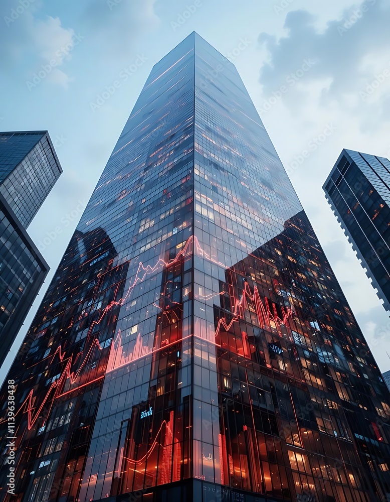 Naklejka premium A digital skyscraper with charts and graphs reflecting on its surface