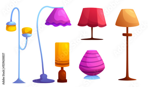 Table and floor lamp collection - curved blue standing light, purple wavy lampshade, crimson table illumination, orange cylindrical fixture and magenta striped modern desk light. Interior design asset