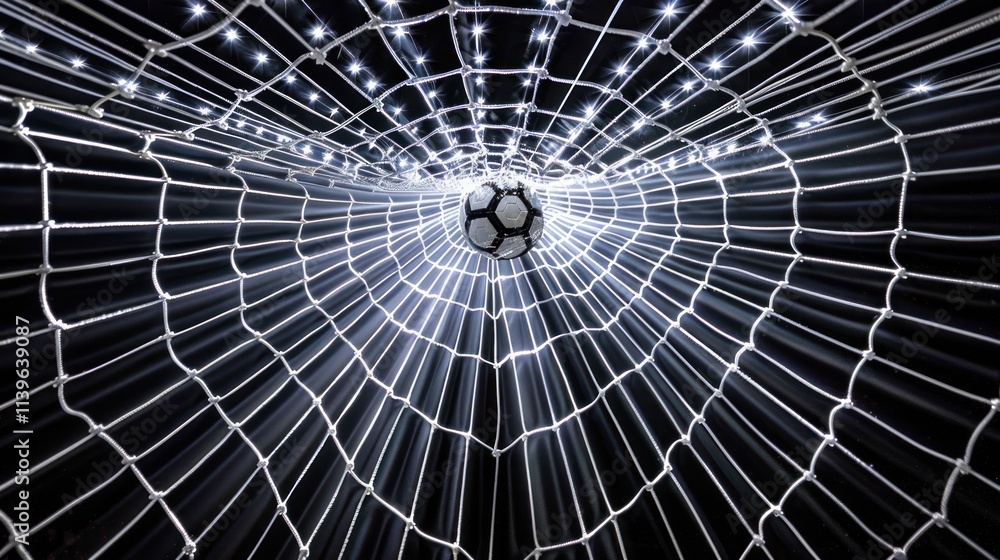 Obraz premium Illuminated soccer goal net with ball in the center.