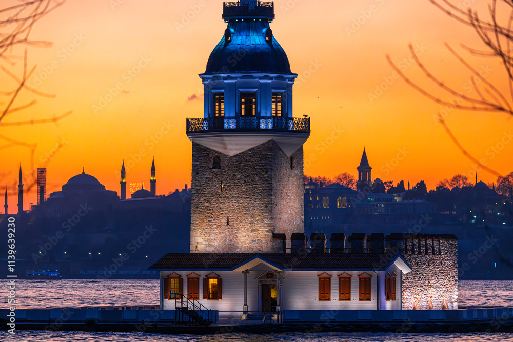 Maiden's Tower, one of the icons of Istanbul, in the evening