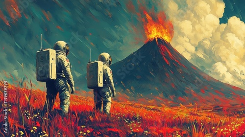 Astronauts Exploring Volcanic Landscape	 photo