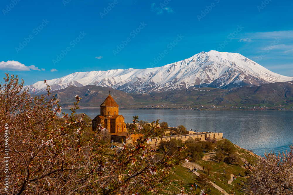 Akdamar Island in Van Lake. The Armenian Cathedral Church of the Holy Cross - Akdamar, Turkey