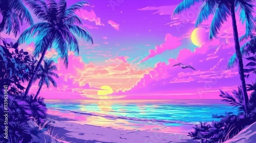 Artistic depiction of a retro beach setting with anime influences. photo