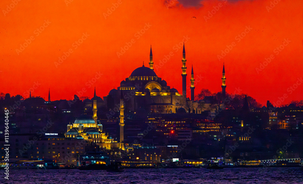 Sunset view of the New Mosque and Suleymaniye Mosque, Bosphorus, Istanbul