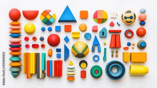 A variety of colorful wooden building toys and shapes in a range of bright colors, arranged on a white background for an educational play experience.