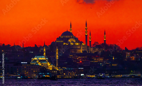 Obraz na płótnie Sunset view of the New Mosque and Suleymaniye Mosque, Bosphorus, Istanbul w salonie