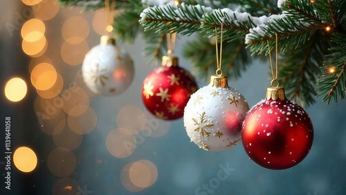 Christmas and New years eve Background. Beautiful Wide Angle Holiday Template with Christmas red ball on fir tree and highlights. Panoramic classic header Web banner with copy space for design