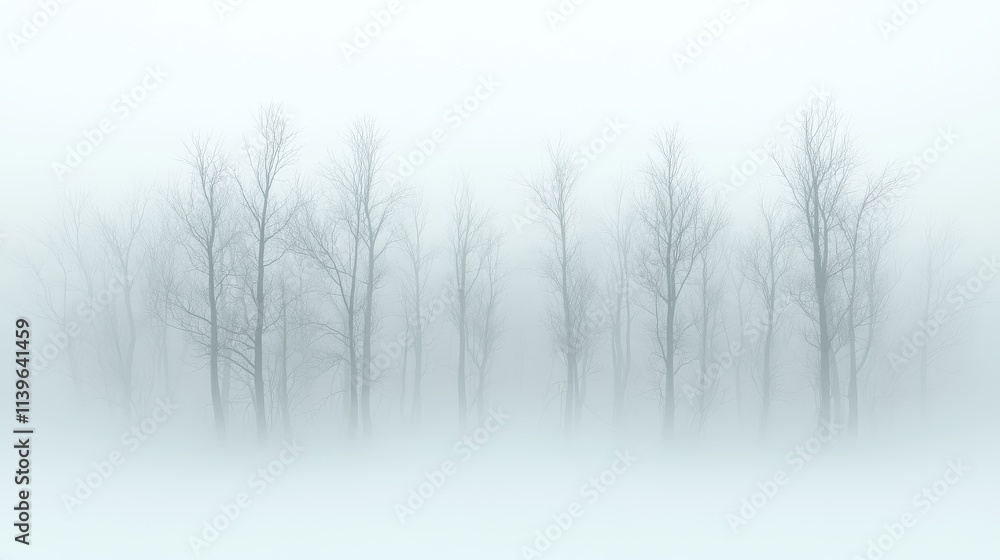 Fototapeta premium Foggy winter scene with bare trees a misty forest minimalist nature