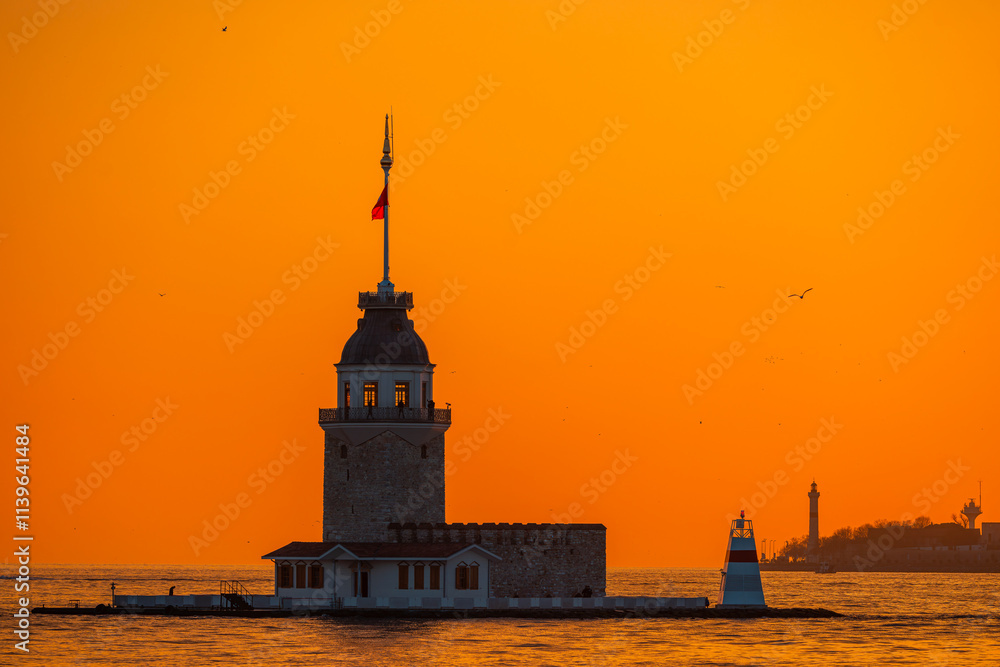 Maiden's Tower, one of the icons of Istanbul, in the evening