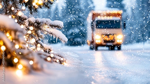 Delivery freight package New Year concept. A snowy scene featuring a truck passing a beautifully lit Christmas tree, creating a festive winter atmosphere.