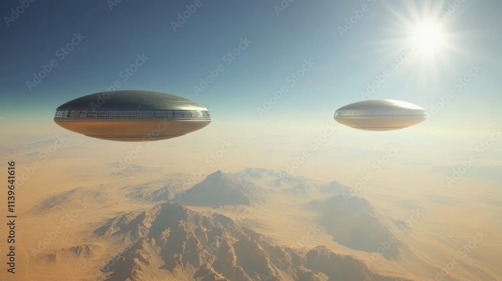 Obraz premium Two UFOs hovering over a desert landscape under a bright sun.