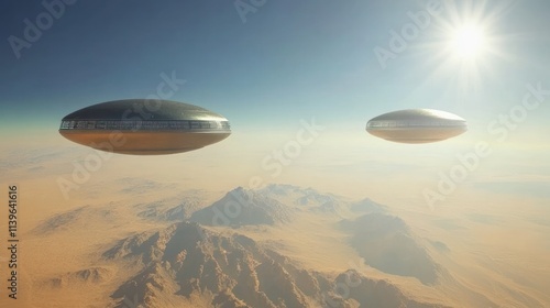 Two UFOs hovering over a desert landscape under a bright sun.