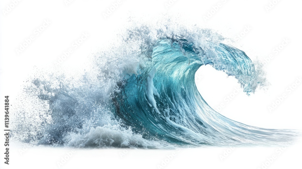 Fototapeta premium Sea blue wave with white foam isolated on a white background