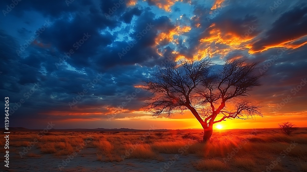 Fiery Sunset over the African Savanna: Lone Tree Silhouette at Dusk. AI Generated Fiery Sunset over the African Savanna: Lone Tree Silhouette at Dusk. AI Generated