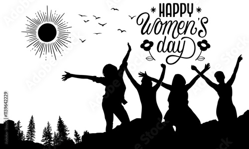 silhouette of women celebrating international women's day with raised hands, black and white design, empowering illustration for equality and women's achievements