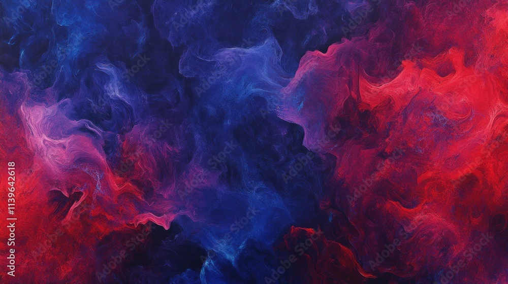 Fototapeta premium A vivid and intense smoke and fog pattern in contrasting red, blue, and purple hues, forming an abstract, surreal backdrop for a dynamic effect.