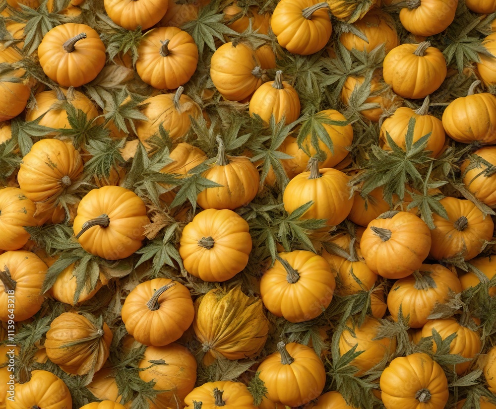 Dry cannabis leaves scattered on a yellow pumpkin background, seasonal, harvest theme Dry cannabis leaves scattered on a yellow pumpkin background, seasonal, harvest theme