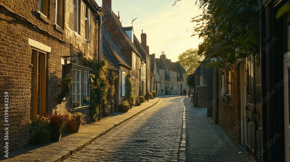 Fototapeta premium Cobblestone street lined with historic houses at sunset. Tranquil, charming, and picturesque English village lane. Warm light illuminates the pathway.