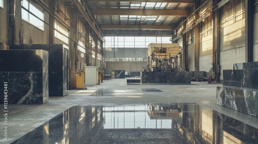 A wide view of a granite factory where large granite slabs are processed with cutting-edge machinery and polished to a smooth finish. A wide view of a granite factory where large granite slabs are processed with cutting-edge machinery and polished to a smooth finish.