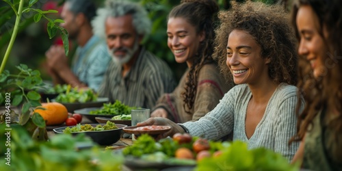 A joyful gathering of diverse family members sharing a fresh meal outdoors, surrounded by greenery and nature.