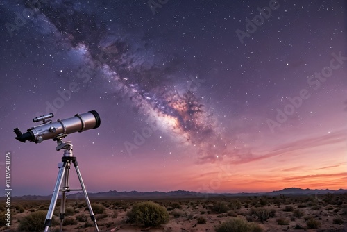 Milky Way Galaxy Observation with Telescope in Desert Sunset Landscape photo