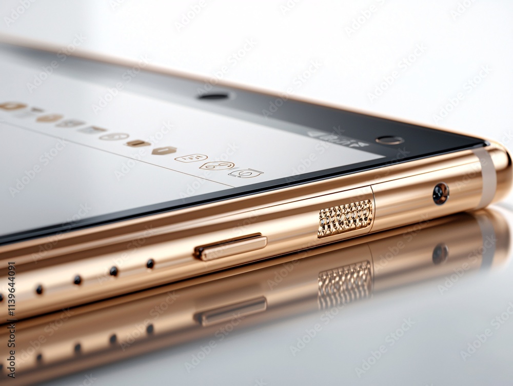 A close-up of a luxurious smartphone's edge, with soft reflections and an active login interface adding a touch of elegance A close-up of a luxurious smartphone's edge, with soft reflections and an active login interface adding a touch of elegance