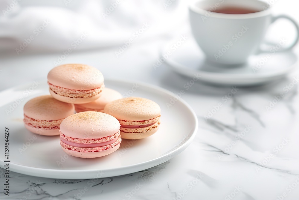 A plate of four pink macarons sits on a marble counter A plate of four pink macarons sits on a marble counter
