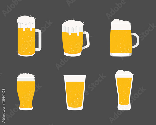 Different types beer glasses and mugs set. Various types of beer in glasses. Color flat vector illustration.
