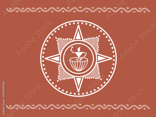 Stylized drummer in traditional round pattern on brown background. Flat vector illustration in old Indian Sora of Idittals or Warli style.