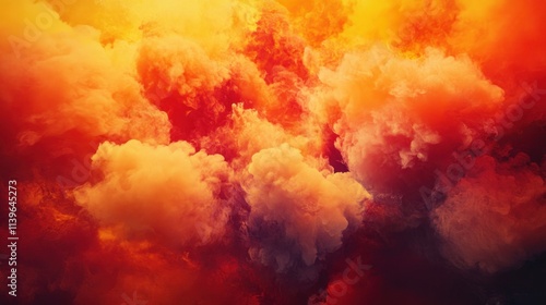 Blazing fire explosion in vivid red and yellow, with thick smoke billowing outward, creating an intense, hot background with a focal point in the center. photo