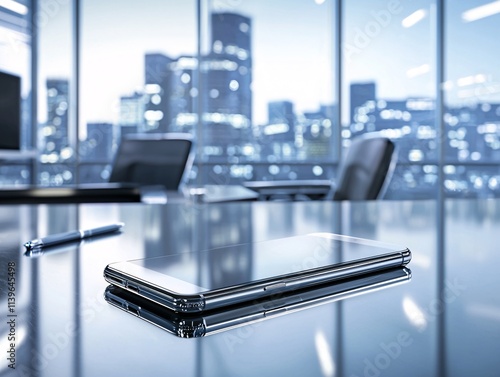 A vertical shot of a smartphone on a modern office desk, with ambient light creating a professional and premium look photo