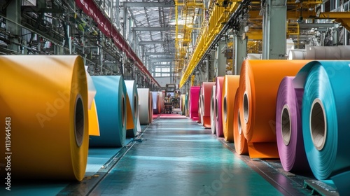 Bright colors fill the factory as large rolls of colorful paper are processed and prepared for distribution. photo