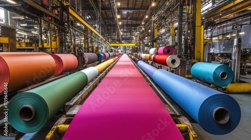 Bright colors fill the factory as large rolls of colorful paper are processed and prepared for distribution. photo