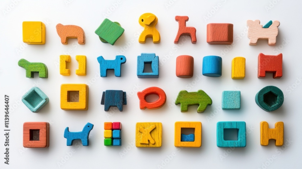 Colorful wooden toy pieces in various shapes, such as cubes, cylinders, and animals, isolated on a white background, perfect for little hands. Colorful wooden toy pieces in various shapes, such as cubes, cylinders, and animals, isolated on a white background, perfect for little hands.