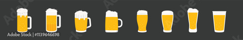Different types beer glasses and mugs set. Various types of beer in glasses. Color flat vector illustration.