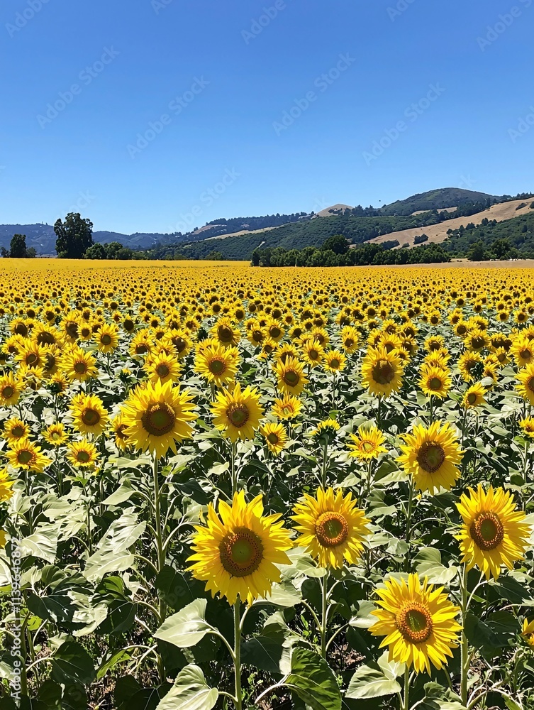 Fototapeta premium A vibrant yellow sunflower field stretches endlessly beneath a clear blue sky, with flowers swaying gracefully in the breeze against a stunning natural backdrop.