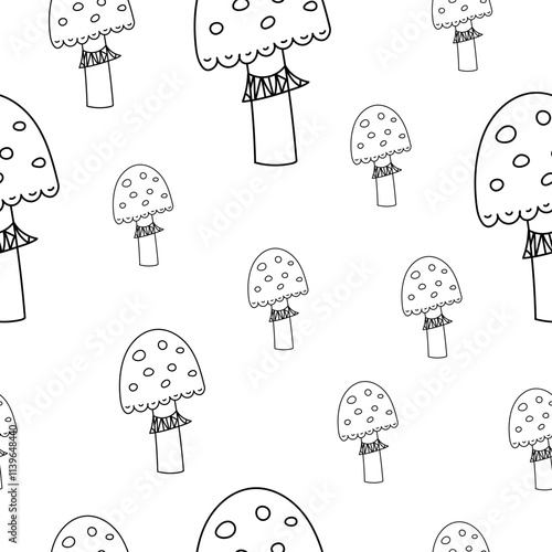 Seamless pattern with fly agaric mushrooms in doodle technique