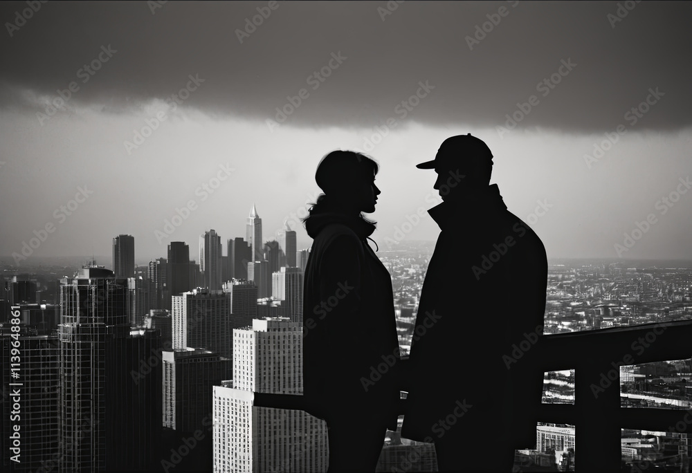 male and female silhouettes against the backdrop of skyscrapers, realistic illustration male and female silhouettes against the backdrop of skyscrapers, realistic illustration