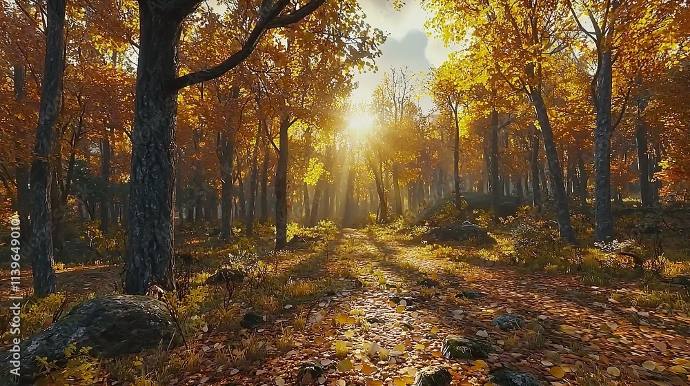 Fototapeta premium Panoramic sunny forest in autumn 16k resolution.