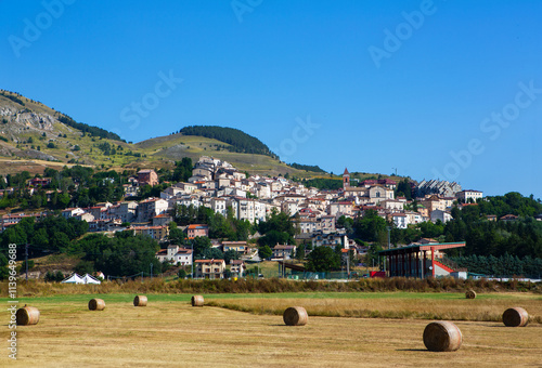 Panoramic view of Rivisondoli, nestled in the Majella National Park, Abruzzo, showcasing picturesque mountain scenery