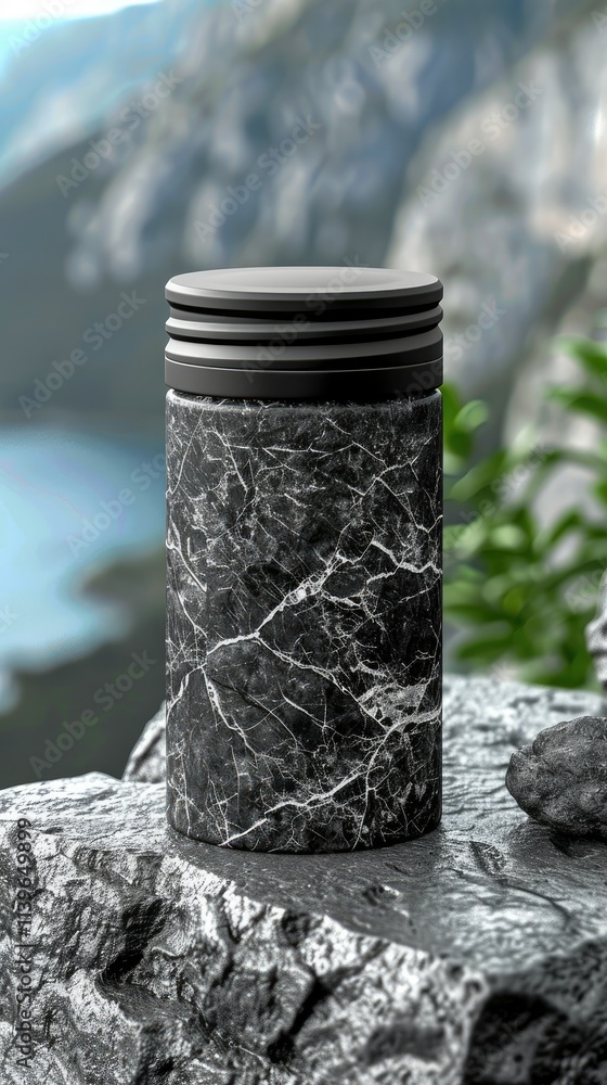 A sleek black marble container set against a scenic backdrop, suggesting elegance and utility. A sleek black marble container set against a scenic backdrop, suggesting elegance and utility.