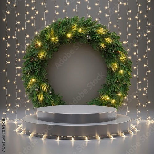 Elegant Christmas Podium Backdrop with Wreath and Shimmering Fairy Lights – 3D Rendering