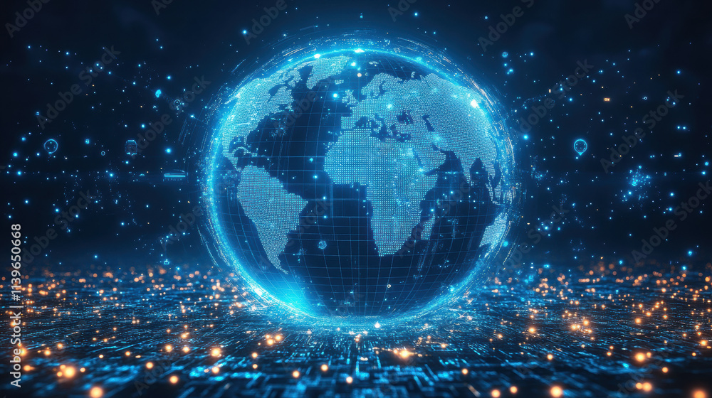 Obraz premium digital globe with continents illuminated by blockchain technology