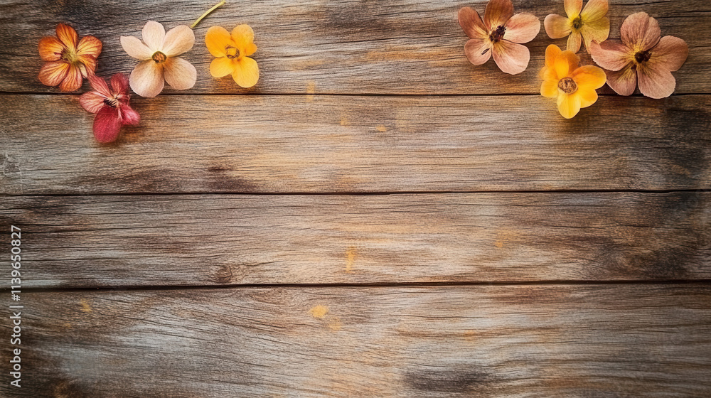 Rustic Wooden Background with Colorful Flowers Arranged on Top Rustic Wooden Background with Colorful Flowers Arranged on Top